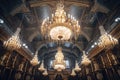 glowing chandeliers under ornate church ceiling