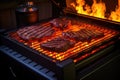 glowing charcoal and flames beneath smart grill grates