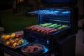 glowing charcoal in a smart grill during nighttime cookout