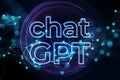 Glowing chat gpt hologram on polygonal blurry bokeh background. Artificial intelligence, futuristic technology and robots in