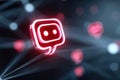 Chatbot icon glowing in a digital network with connections and nodes, representing communication technology and