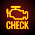 Glowing Check engine light symbol that pops up on car dashboard when something goes wrong with the engine, vector Royalty Free Stock Photo