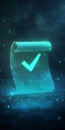 Glowing Check Mark on Transparent Scroll with Mystical Background