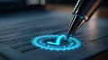 A glowing checkmark being completed by a pen on a document, symbolizing successful validation Royalty Free Stock Photo