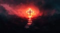 A glowing Christ cross at the end of the road. The concept of the resurrection of Jesus Christ. Royalty Free Stock Photo