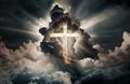 Glowing Christian cross appears bright in the cloudy sky, generative ai Royalty Free Stock Photo