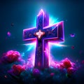 glowing christian cross with flowers on blue background, 3d illustration AI Generated