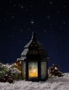 Glowing Christmas Lantern Under Winter Night Sky Royalty Free Stock Photo