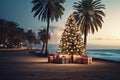 glowing Christmas tree with gift boxes on the wooden embankment. A tourist trip for Christmas and New Year to tropical countries,