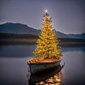 Glowing Christmas Tree In Old Rowboat