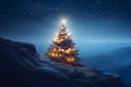 Glowing Christmas tree stands alone on a cliff\'s edge under a starry night sky, symbolizing hope and festivity Royalty Free Stock Photo