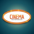 Glowing cinema signboard banner. Vintage vector light retro sign frame for theater banner signboard