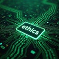 Glowing circuit board displays word ethics. Tech advances raise ethical questions. Digital artwork explores data responsibility. Royalty Free Stock Photo