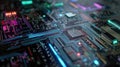 Glowing circuit board lines transmitting data signals Royalty Free Stock Photo