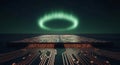 Glowing circuit board platform under green digital aurora Royalty Free Stock Photo