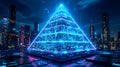 Glowing Circuit Board Pyramid Symbolizing Future Technology, Data, and Connectivity in a Vibrant Cyberpunk City at Night Royalty Free Stock Photo