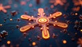 Glowing circuit board shaped like snowflake. Festive design for Christmas card. Cybersecurity theme. 3D tech illustration.
