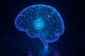 Glowing circuit brain with central chip floating above grid in futuristic digital scene Royalty Free Stock Photo