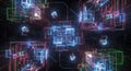 Abstract, chaotic pattern of glowing circuit lines and squares with a futuristic visual effect. Royalty Free Stock Photo