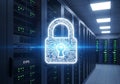 Glowing Circuit Padlock Over Server Room Racks data center Royalty Free Stock Photo