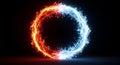 A glowing circular design symbolizes the duality of fire and ice. The left half Royalty Free Stock Photo