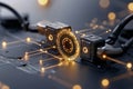 Glowing circle encryption center connecting two secure AI systems Generative AI Illustration