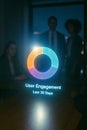 Glowing circular engagement chart analyzing user behavior in dimly lit office