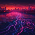 Glowing city and neon lines on water. Generative AI