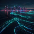 Glowing city and neon lines on water. Generative AI