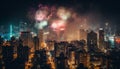 Glowing city skyline ignites with colorful fireworks generated by AI Royalty Free Stock Photo