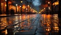 Glowing city street, illuminated by vibrant street lights at dusk generated by AI Royalty Free Stock Photo