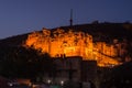Glowing cityscape at Bundi at dusk. The majestic fort perched on top dominating the town. Scenic travel destination and famous tou Royalty Free Stock Photo