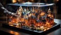 Glowing cityscape, illuminated skyscrapers, winter celebration, chocolate dessert decoration generated by AI