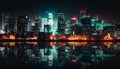Glowing cityscape reflects in water at dusk generated by AI