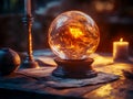 Glowing clairvoyant ball and candle on old wooden table Royalty Free Stock Photo