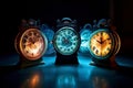 glowing clocks use slow shutter speed to capture the hands of a