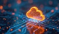 Glowing cloud above circuit board, symbolising data transfer, tech advancements, data storage. Digital concept cloud computing, Royalty Free Stock Photo
