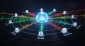 A glowing cloud at the center of a network diagram with connected servers and data streams in red green and yellow Royalty Free Stock Photo