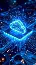 Glowing cloud computing graphic with circuit board background representing data storage and technology Royalty Free Stock Photo