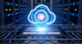 Glowing Cloud Computing Icon Above Tablet in Server Room Environment Royalty Free Stock Photo