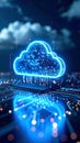Glowing cloud computing icon with circuit board and data transfer concept Royalty Free Stock Photo