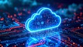 Glowing cloud computing icon with circuit board design, data transfer concept. Royalty Free Stock Photo