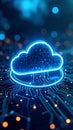 Glowing cloud computing icon on a circuit board with digital data transfer concept Royalty Free Stock Photo