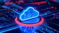Glowing cloud computing icon with data transfer and digital network connections. Royalty Free Stock Photo