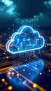 Glowing cloud computing illustration with circuit board design and data transfer concept Royalty Free Stock Photo