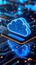 Glowing cloud computing symbol on a circuit board representing data storage and technology Royalty Free Stock Photo