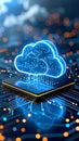 Glowing cloud computing symbol on a circuit board represents data storage and technology Royalty Free Stock Photo