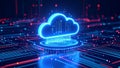Glowing cloud computing symbol on a futuristic circuit board background. Royalty Free Stock Photo