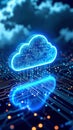Glowing cloud computing symbol over circuit board, digital data concept Royalty Free Stock Photo
