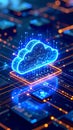 Glowing cloud computing symbol over circuit board, digital data transfer concept. Royalty Free Stock Photo